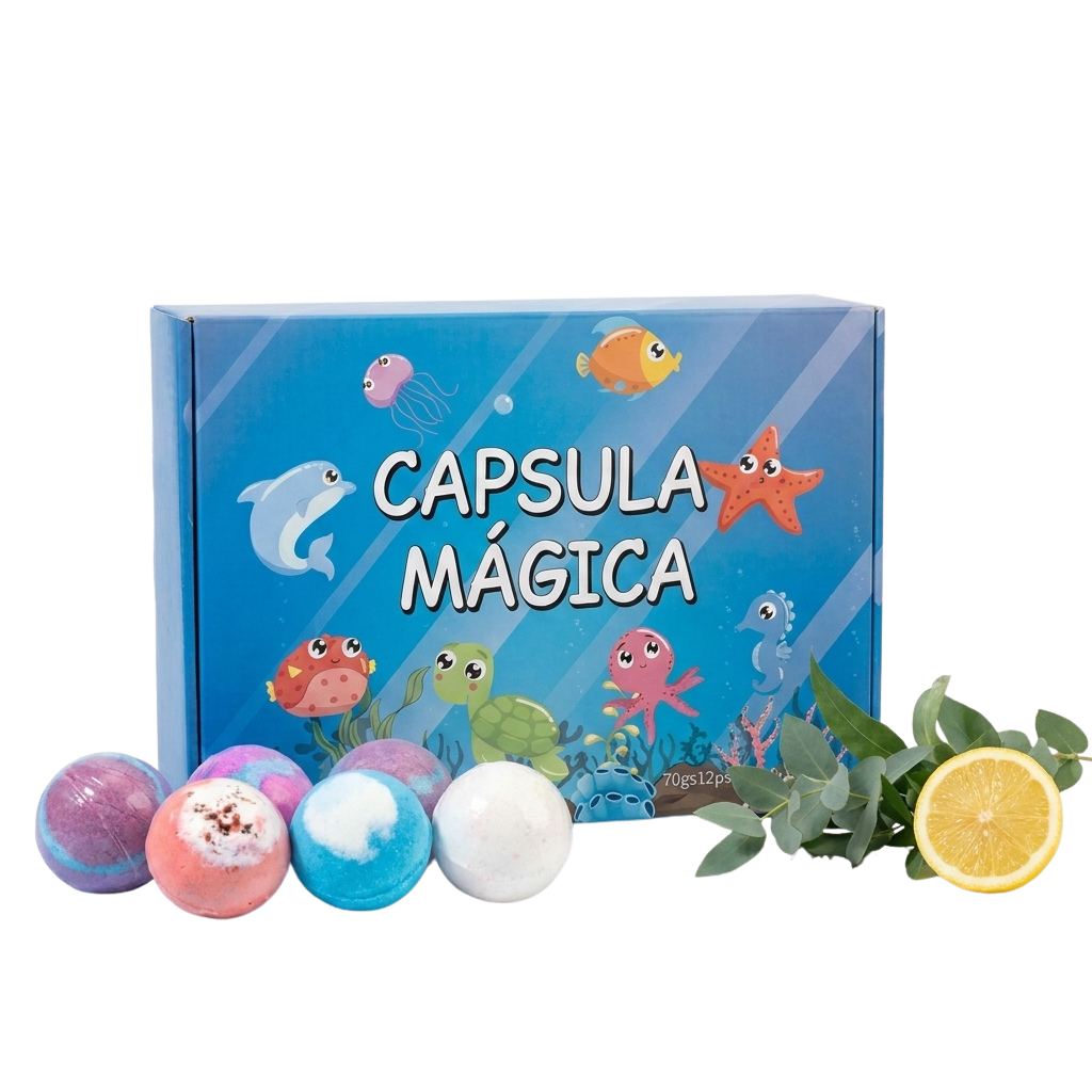 Caixa Cápsula Mágica com bombas de banho coloridas