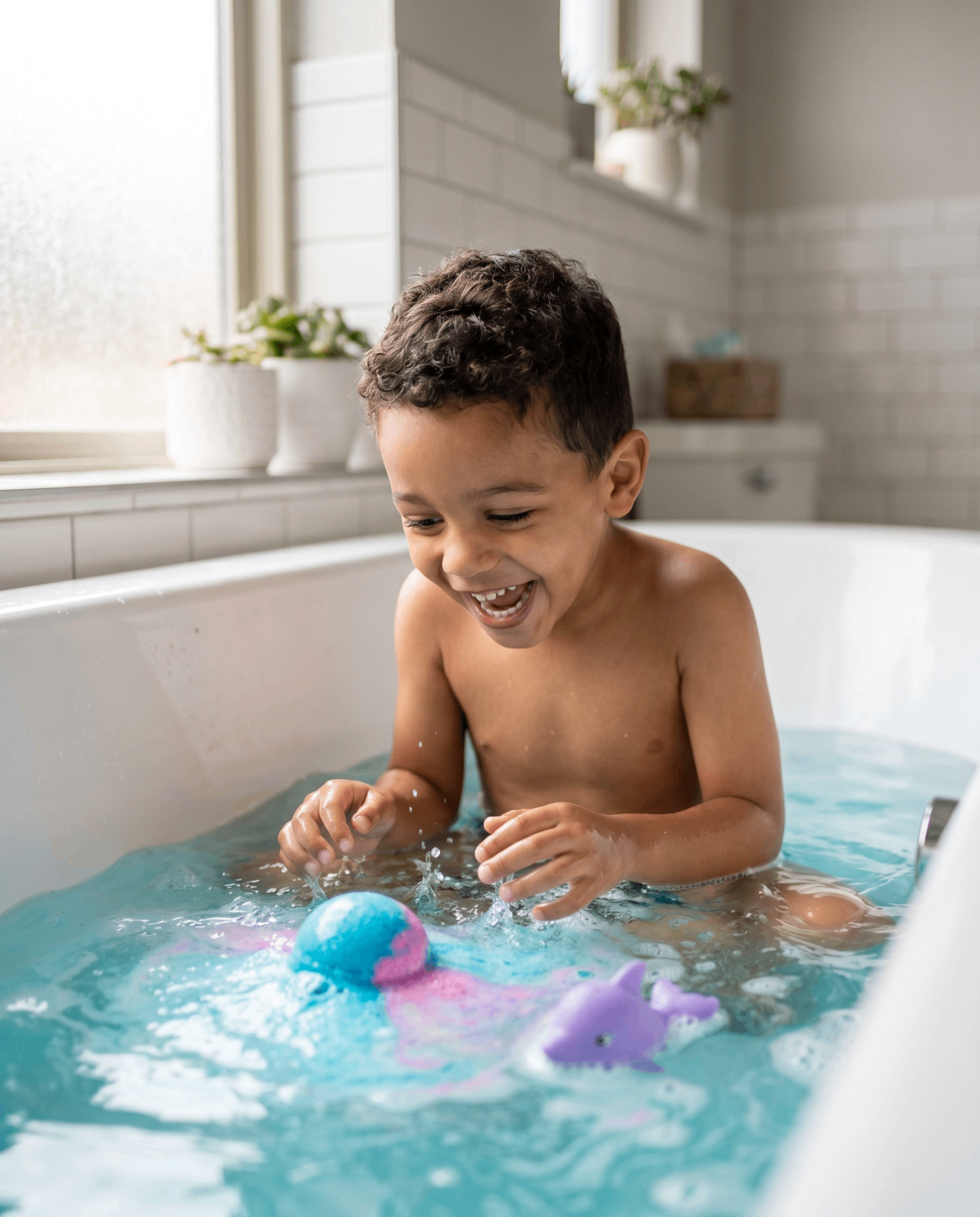 Criança feliz no banho com a Cápsula Mágica